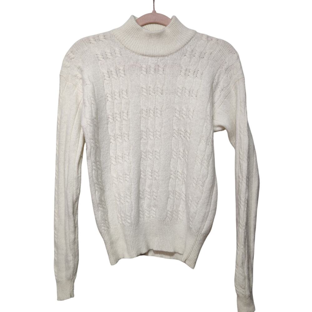 Vintage Sz S Cream Thick Cable Knit Fisherman Sweater Angora Rabbit Lambswool